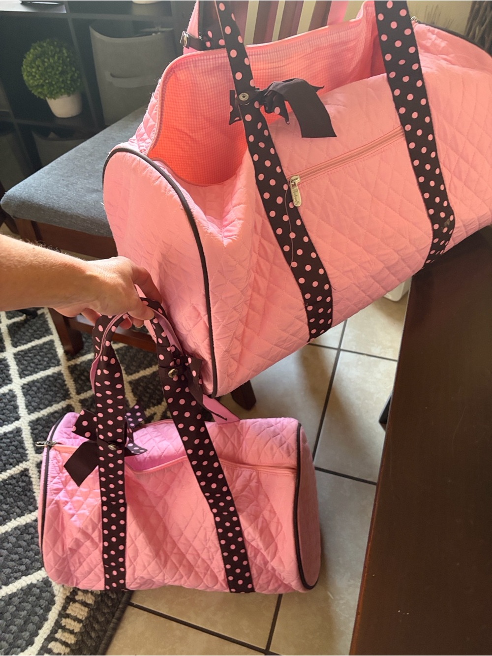 Quilted Pink Travel Duffel SET with Polka Dot Straps